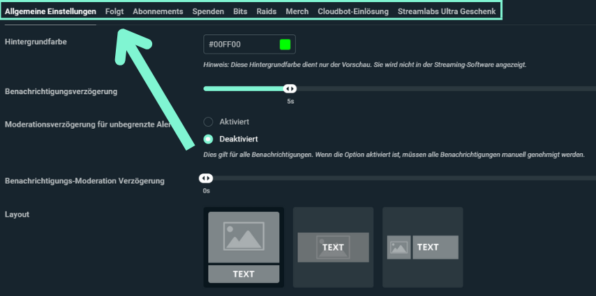 Streamlabs Benachrichtigungsbox-Dashboard